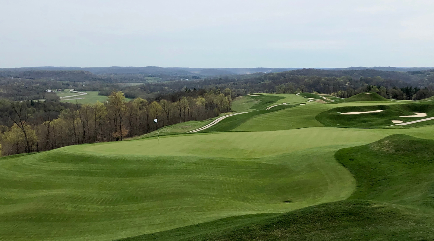 The run-off behind the green on the par-3 8th